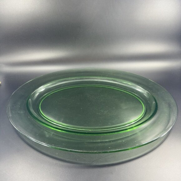1960s Long Uranium Green Depression Glass Tray Dish Large Glass UV Glow 15”Long - Picture 11 of 15